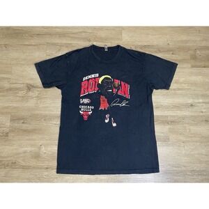 Dennis Rodman Chicago Bulls Men Sz L Short Sleeve T-Shirt Caricature Faded Black